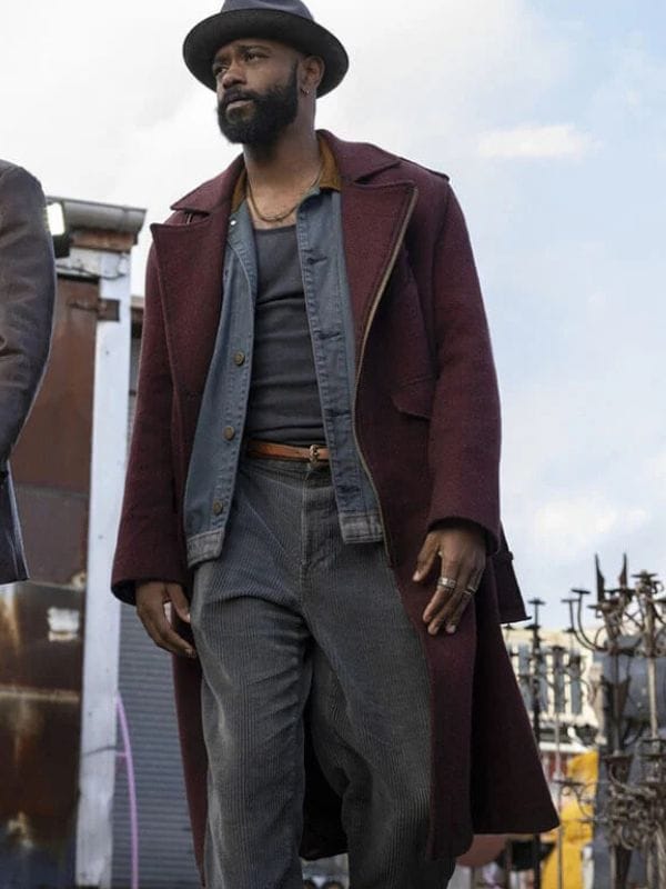LaKeith Stanfield Play Dirty 2025 Maroon Trench Coat