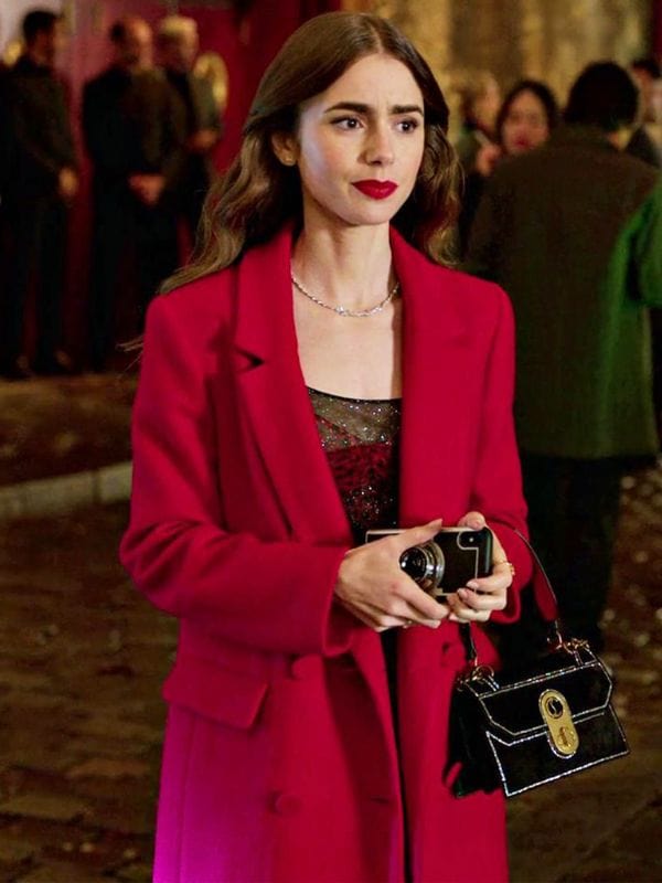 Lily Collins Emily In Paris S04 Red Trench Coat Lily Collins Emily In Paris S04 Red Trench Coat