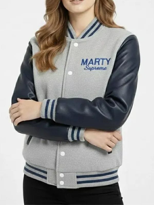 Marty Supreme Gray and Navy Blue Varsity Jacket