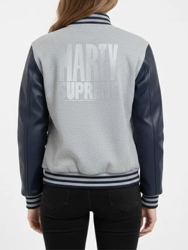 Marty Supreme Gray and Navy Blue Varsity Jacket
