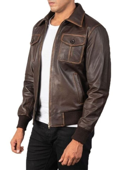 Men's Four Pockets Brown Bomber Leather Jacket Four Pockets Brown Bomber Leather Jacket For Men