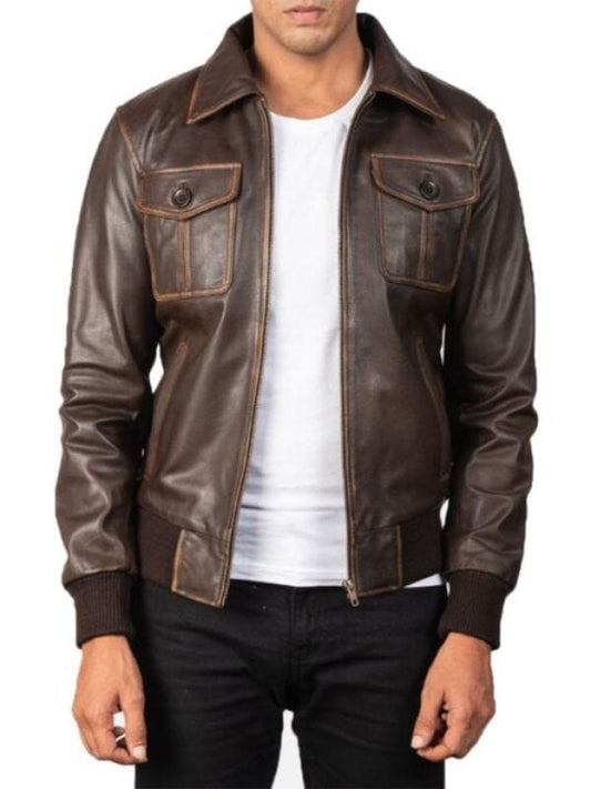 Men's Four Pockets Brown Bomber Leather Jacket Four Pockets Brown Bomber Leather Jacket For Men