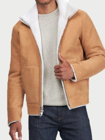 Men’s Tan Shearling Aviator Jacket Men's Real Leather Tan Shearling Aviator Jacket