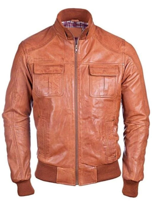Men’s Waxed Sheepskin Leather Bomber Jacket Men's Waxed Sheepskin Leather Bomber Jacket Brown