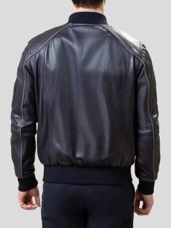 Mens Black Leather Bomber Jacket Men's Rib Knitted Collar Black Bomber Leather Jacket