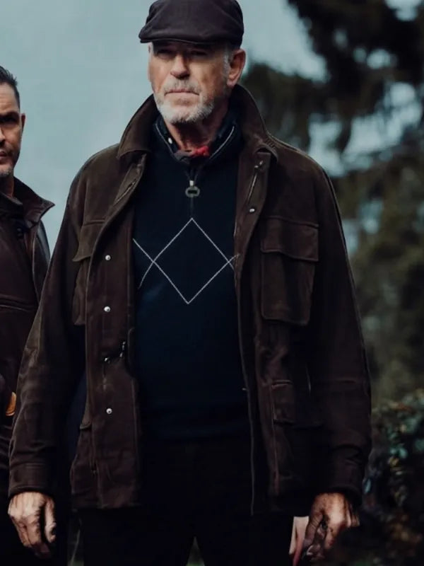MobLand S02 2026 Pierce Brosnan Rich Brown Suede Leather Jacket
