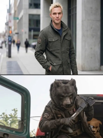 nickolas hoult ryan how to rob a bank denim coat.