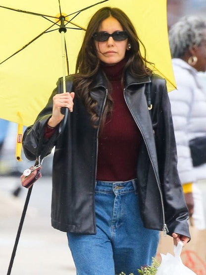 NYC 2026 Nina Dobrev Leather Jacket Black