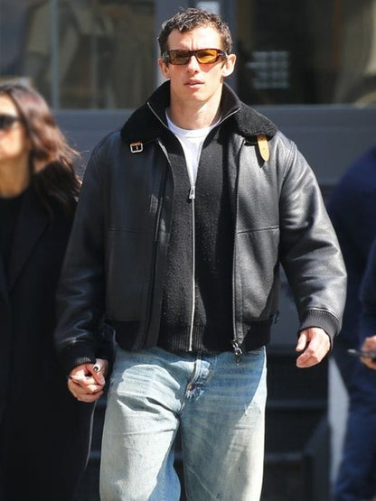 NYC Callum Turner Shearling Leather Jacket Black