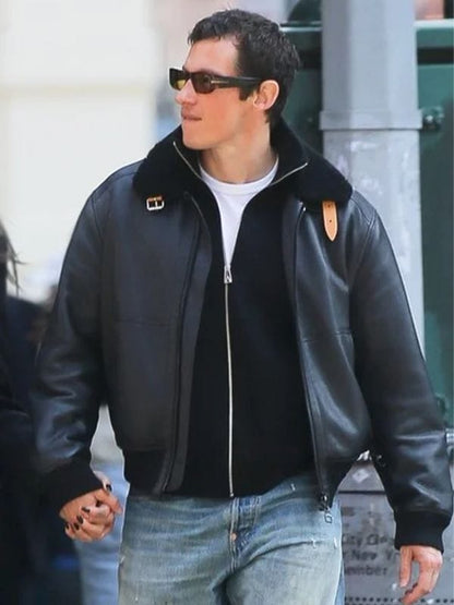 NYC Callum Turner Shearling Leather Jacket Black