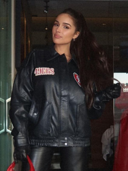 Olivia Culpo San Francisco 49Ers Leather Bomber Jacket