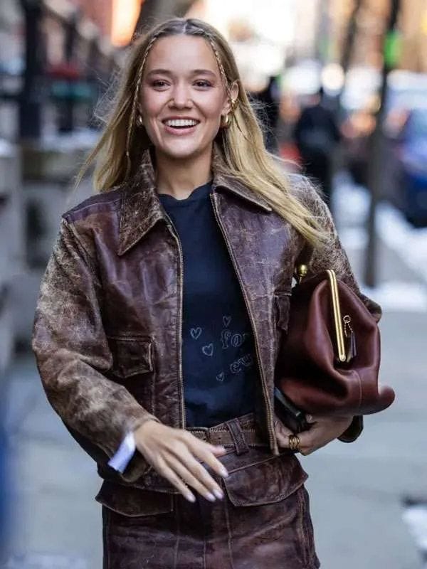 Olivia Ponton Distressed Leather Jacket Brown