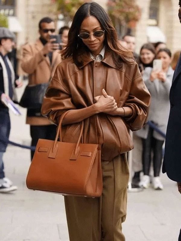 Paris Zoe Saldaña 2025 Leather Jacket Brown
