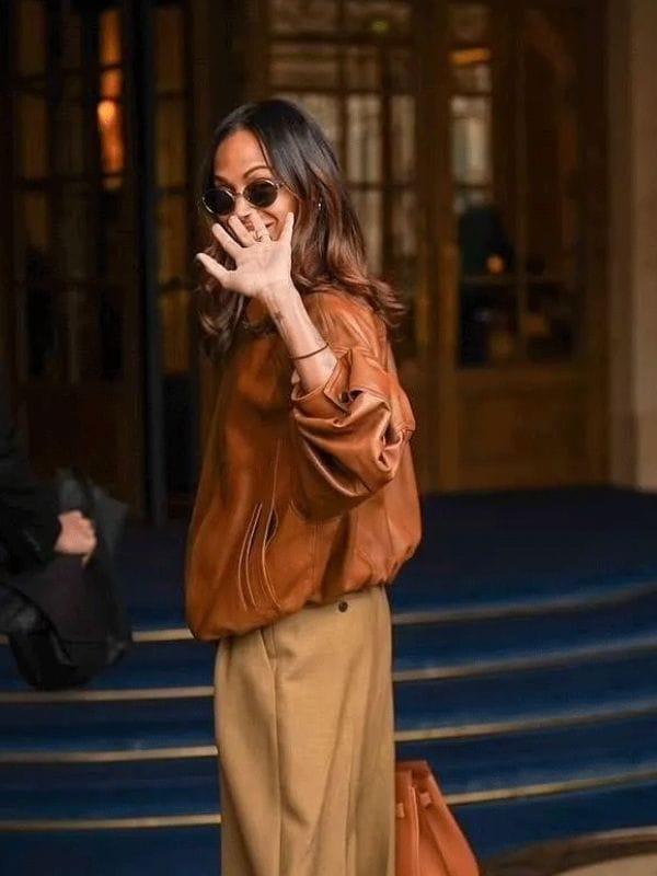 Paris Zoe Saldaña 2025 Leather Jacket Brown