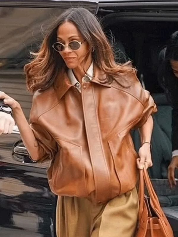 Paris Zoe Saldaña 2025 Leather Jacket Brown