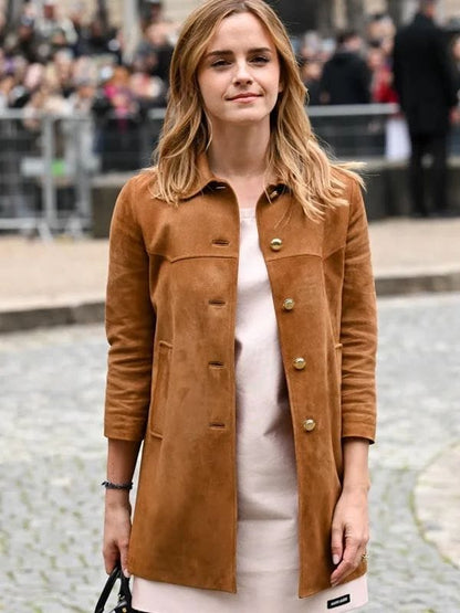 PFW 2025 Emma Watson Brown Leather Jacket
