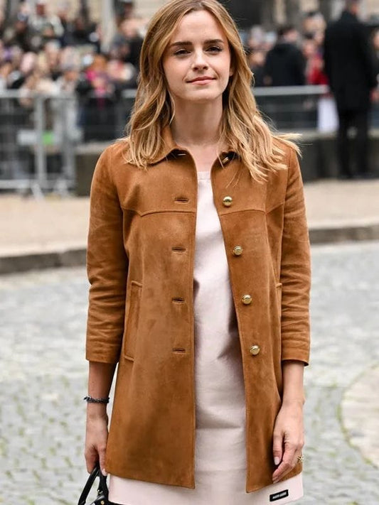 PFW 2025 Emma Watson Brown Leather Jacket
