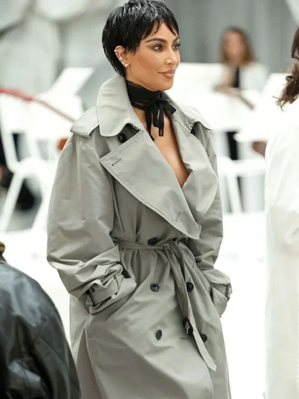 PFW 2025 Kim Kardashian Grey Trench Coat