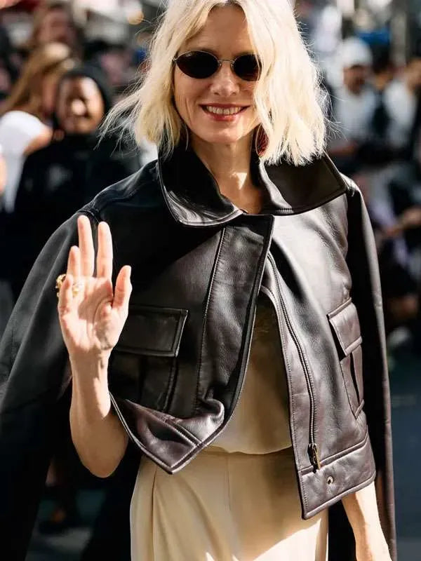 PFW 2026 Naomi Watts Brown Leather Jacket