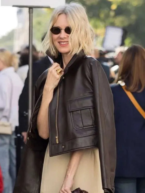 PFW 2026 Naomi Watts Brown Leather Jacket