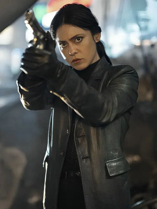 Play Dirty 2025 Rosa Salazar Leather Coat Black
