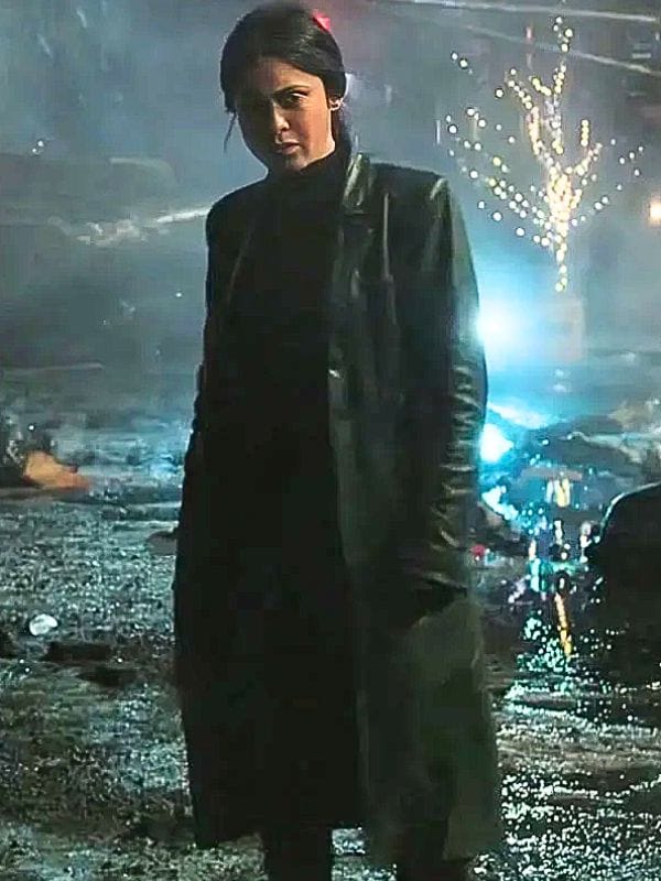 Play Dirty 2025 Rosa Salazar Leather Coat Black