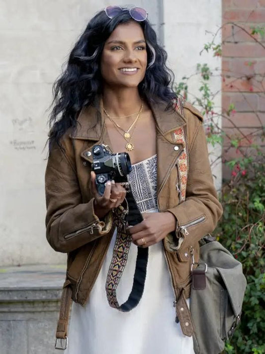 Simone Ashley Picture This 2025 Brown Leather Jacket