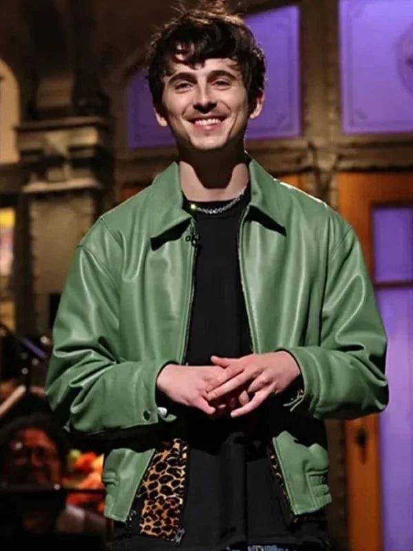 SNL 2025 Timothée Chalamet Green Leather Jacket