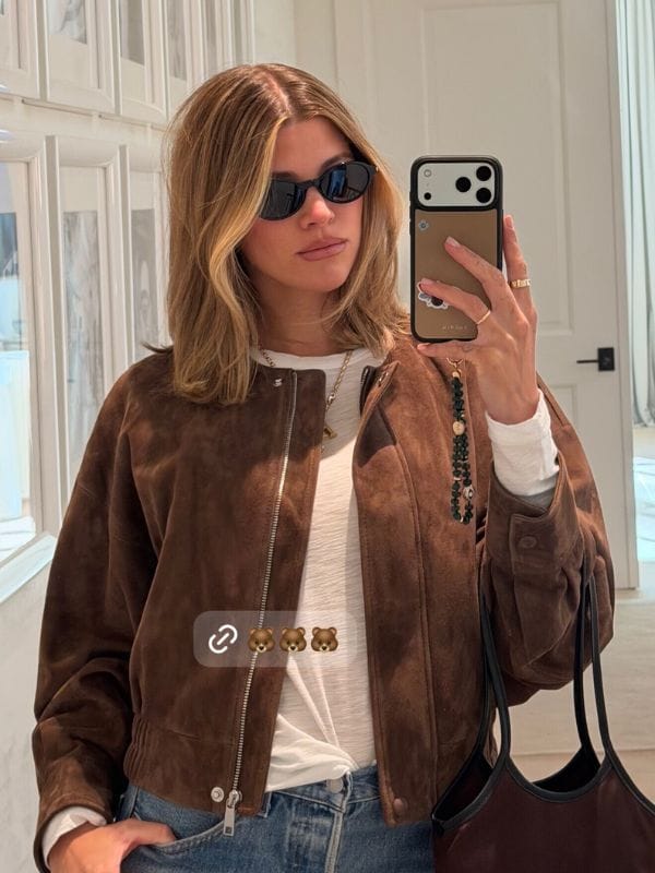 Sofia Richie Instagram Story 2026 Suede Jacket Brown