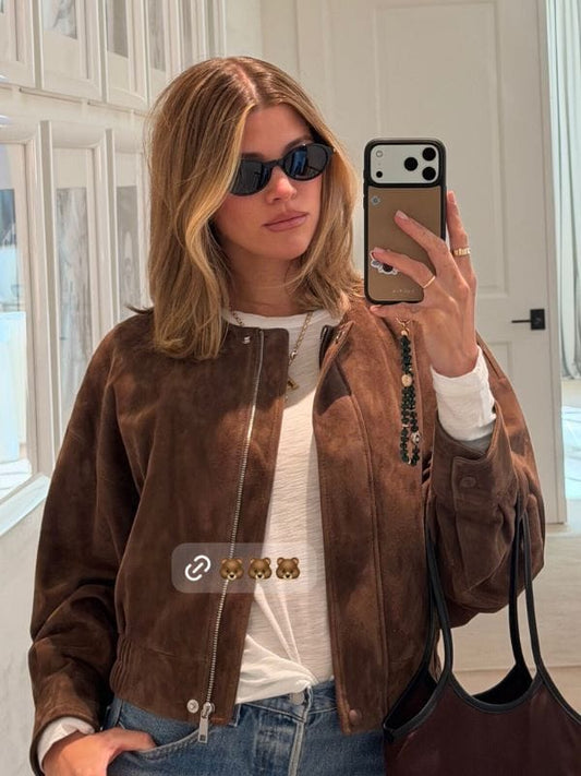 Sofia Richie Instagram Story 2026 Suede Jacket Brown