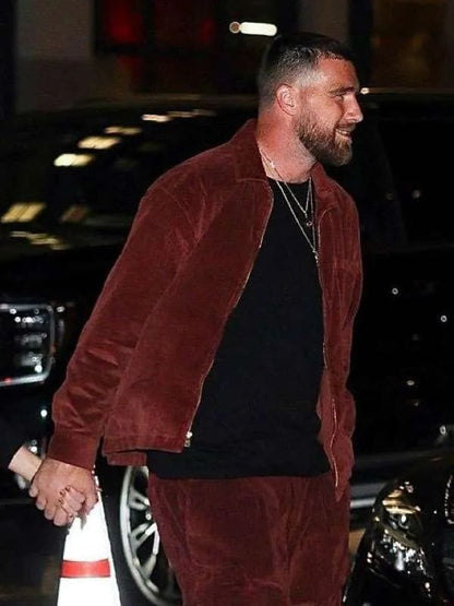 Travis Kelce NYC 2025 Corduroy Jacket Maroon