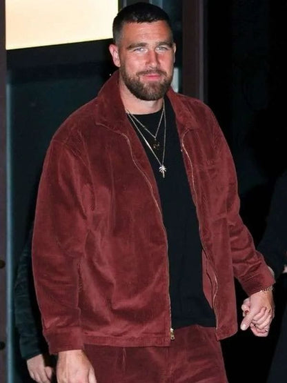 Travis Kelce NYC 2025 Corduroy Jacket Maroon