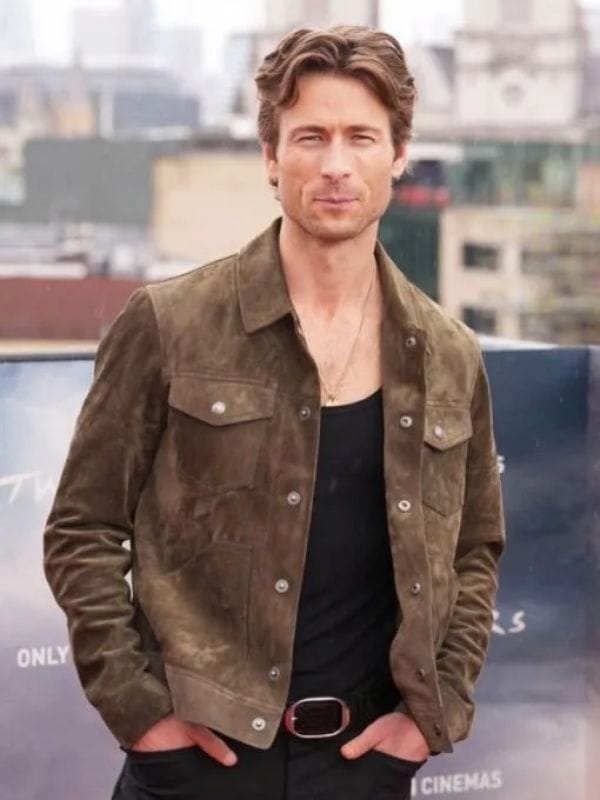 Twisters 2024 Premiere Glen Powell Brown Suede Jacket
