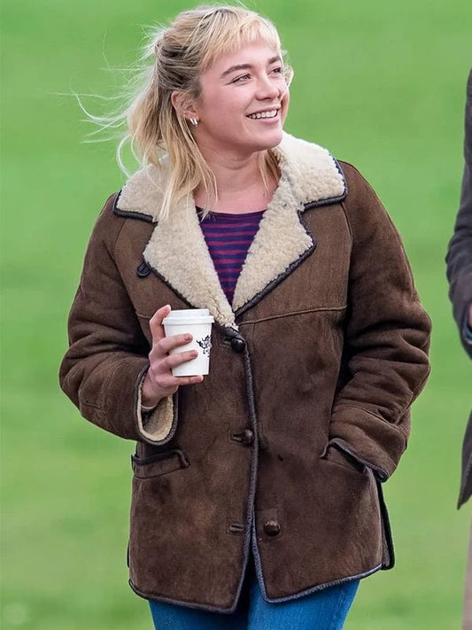 We live in Time Florence Pugh Brown Shearling Jacket Almut We live in Time Florence Pugh Brown Shearling Jacket
