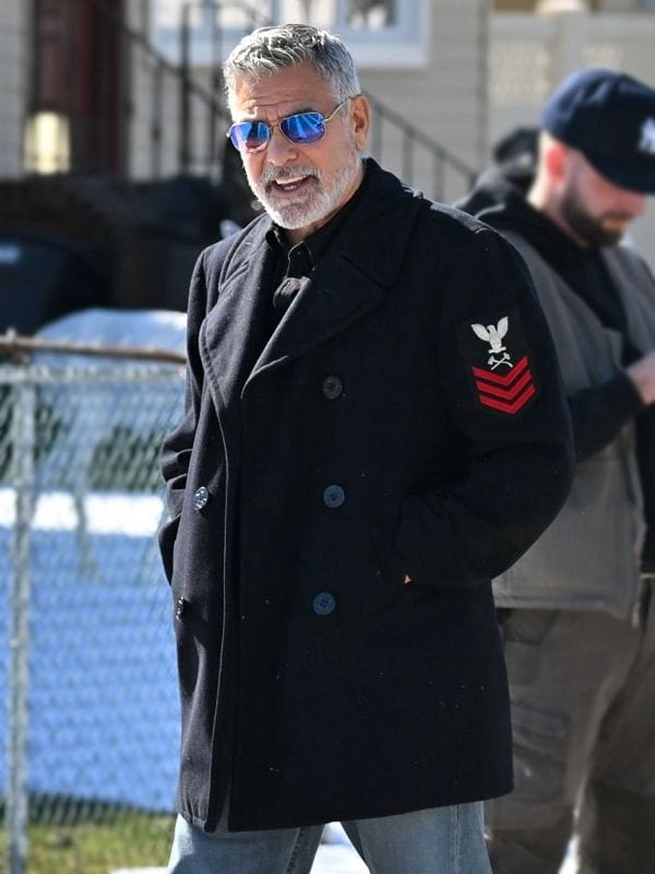 Wolfs 2024 George Clooney Black Peacoat Wolfs 2024 George Clooney Black Peacoat