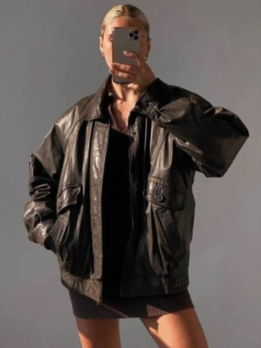 Women 90's Oversized Brown Retro Vintage Leather Jacket 90's Oversized Brown Bomber Retro Vintage Leather Jacket