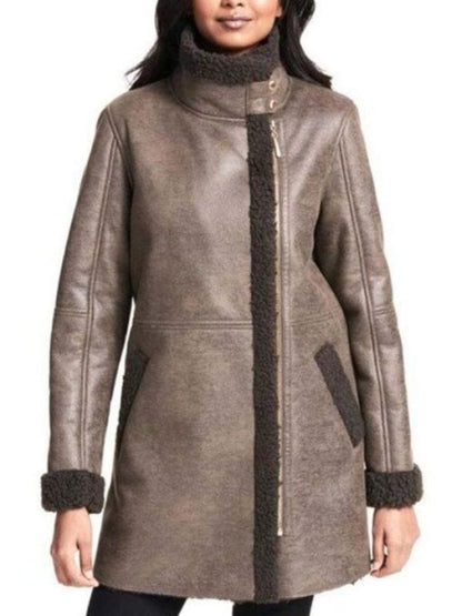 Women Asymmetrical Zip Faux Fur Shearling Brown Coat Women Asymmetrical Zip Faux Fur shearling Brown Leather Coat