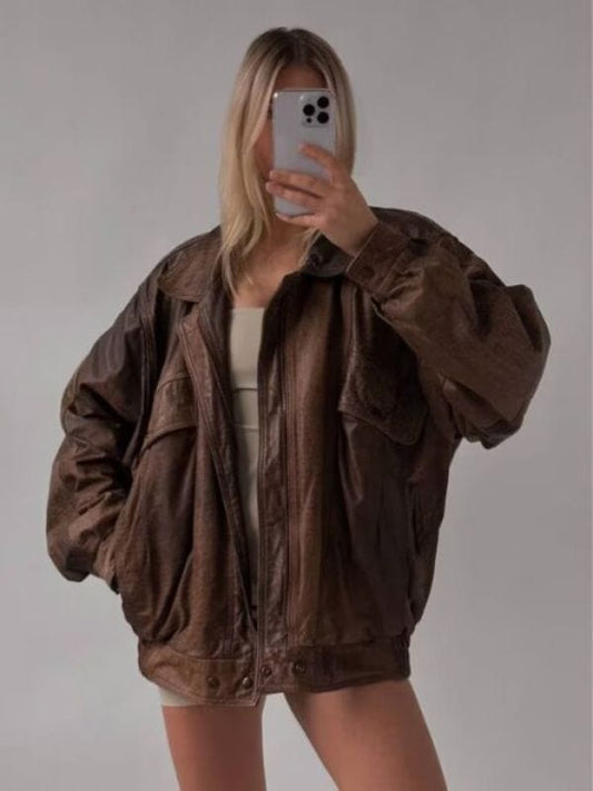 Women Retro Oversized Brown Jacket Women Retro Oversized Brown Jacket