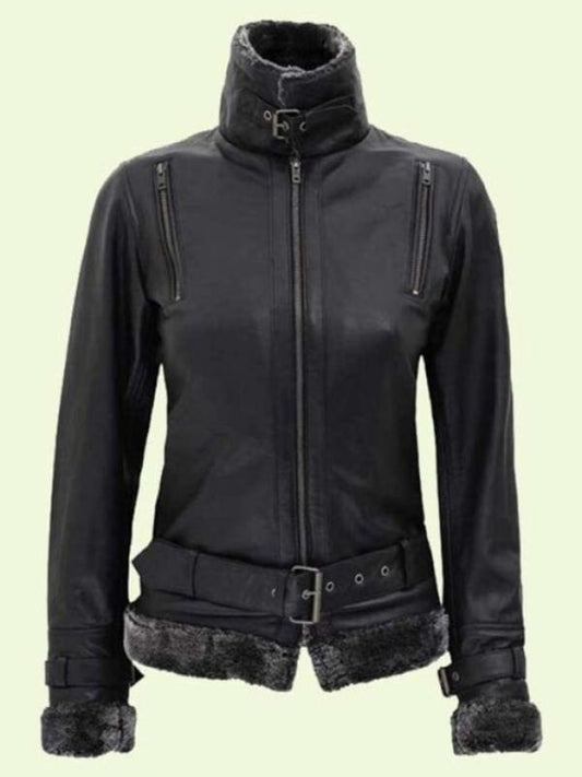 Women’s Black Leather Shearling Jacket Women's Black Leather Shearling Jacket With Belted Closure