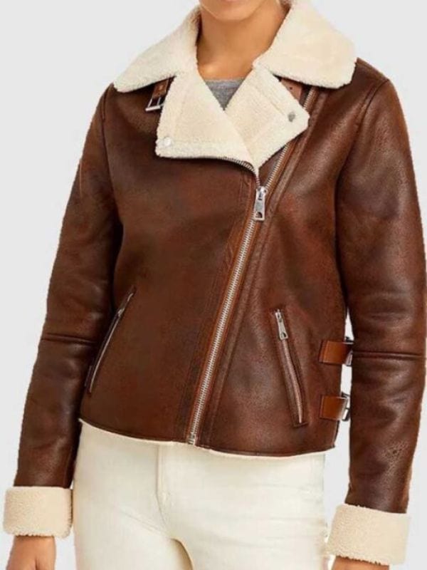 Women's Brown Leather Motorcycle Shearling Jacket