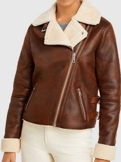 Women's Brown Leather Motorcycle Shearling Jacket