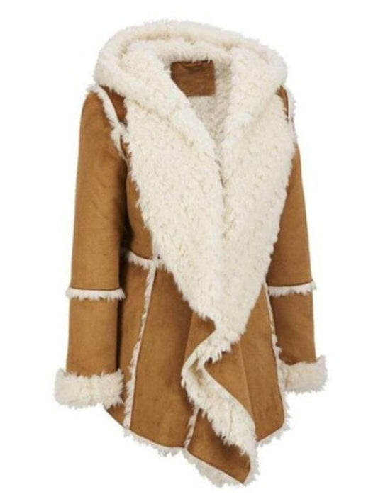 Women’s Brown Suede Leather Fur Overcoat Women's Brown Suede Leather Fur Overcoat With Hood