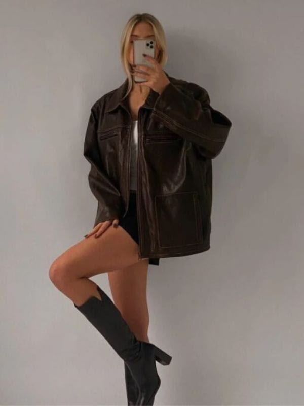 Women's Distressed 90's Oversized Brown Real Leather Jacket