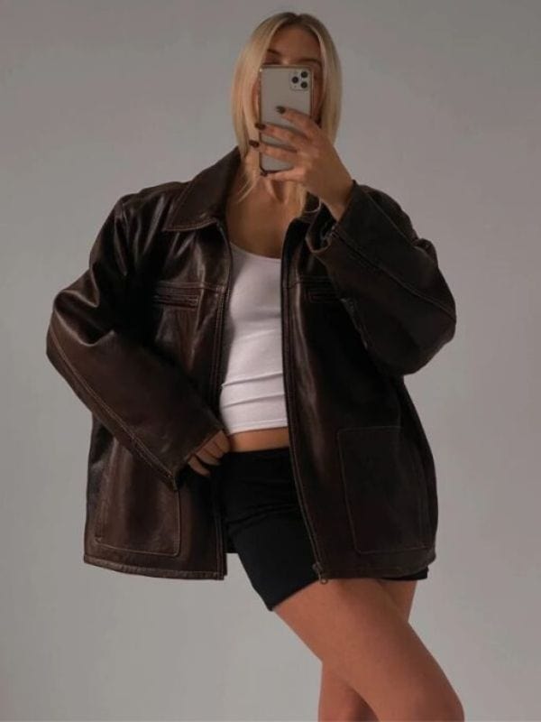 Women's Distressed 90's Oversized Brown Real Leather Jacket