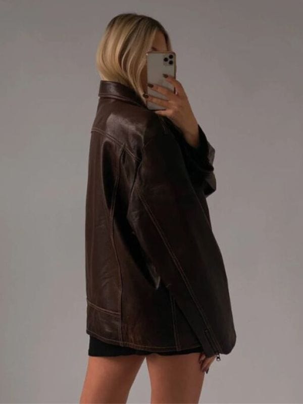 Women's Distressed 90's Oversized Brown Real Leather Jacket