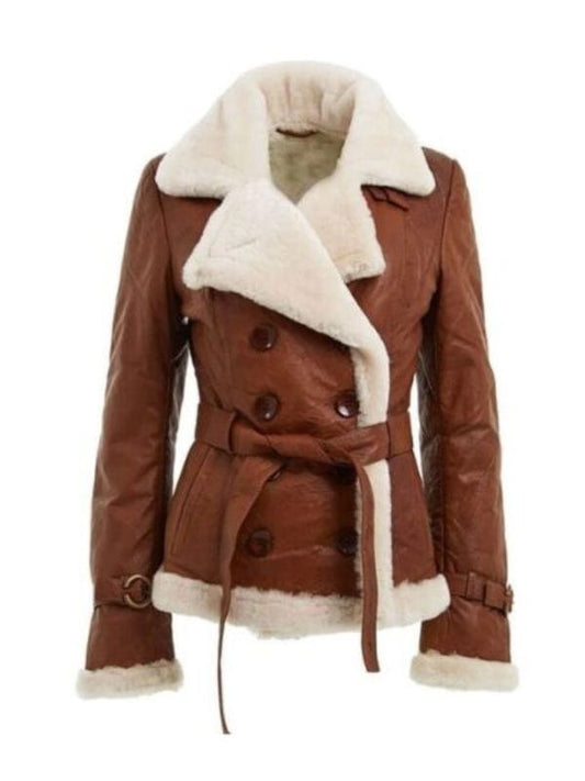 Women’s Shearling Brown Jacket Women’s Double Breasted Brown Shearling Leather Jacket