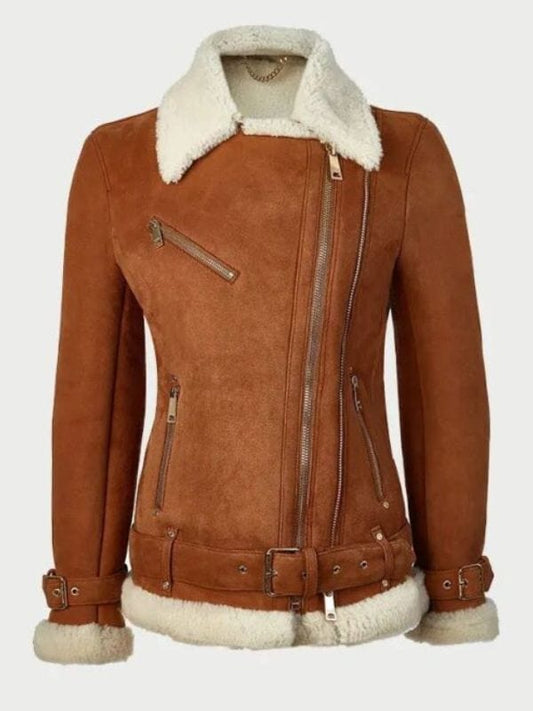 Women's Tan Leather Aviator Jacket Women's Tan Leather Aviator Jacket With Belted Cuffs