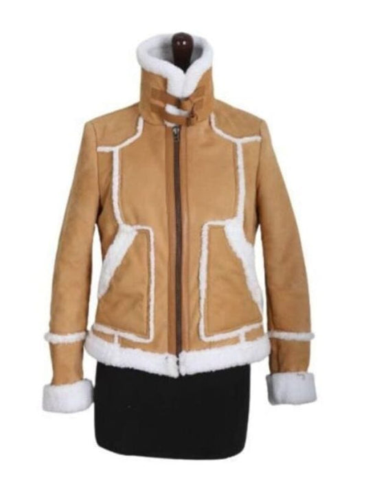 Women’s Tan Shearling Trim Suede Leather Jacket Women’s Tan Shearling Trim Stand-up Collar Suede Jacket