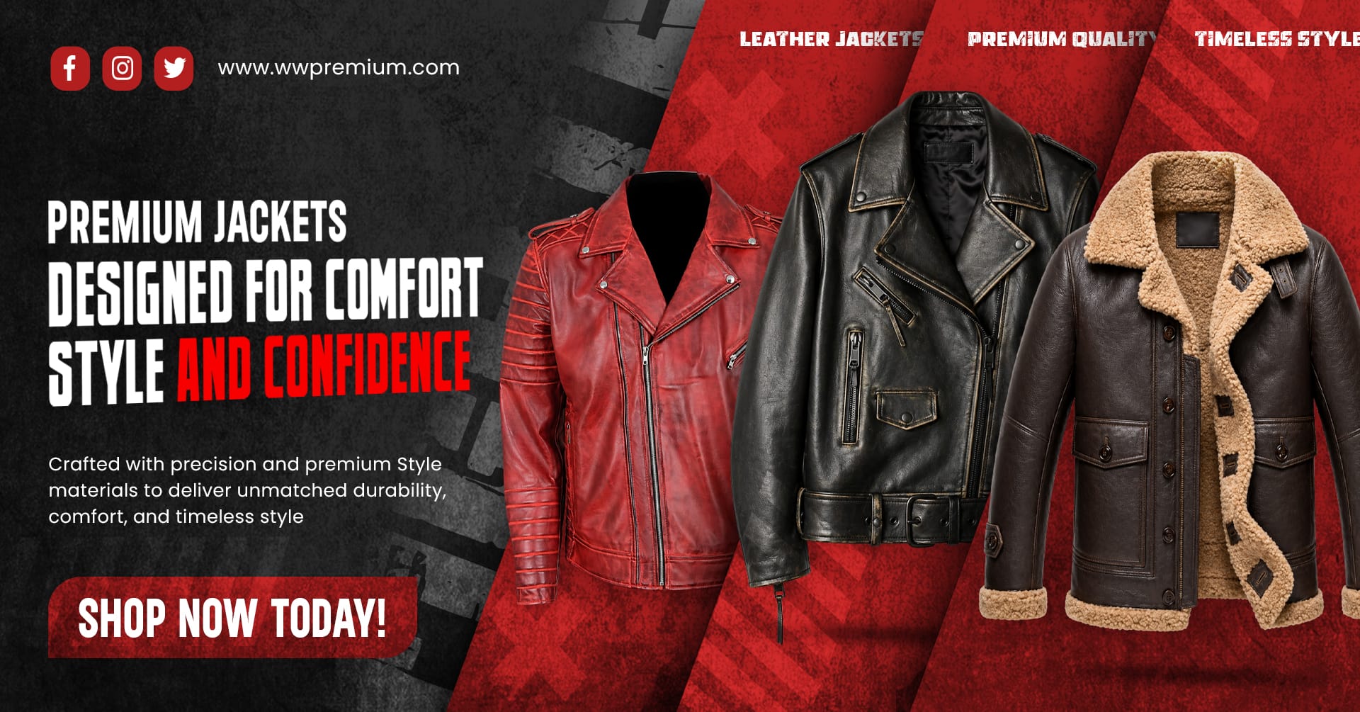 Three leather jackets displayed on a red background with promotional text and branding.