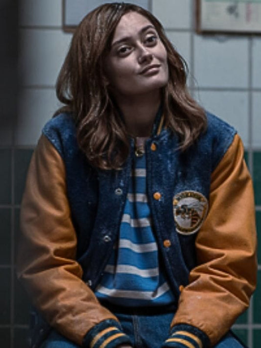Yellowjackets S03 Ella Purnell Denim Varsity Jacket Yellowjackets S03 Ella Purnell Denim Varsity Jacket Blue & Yellow
